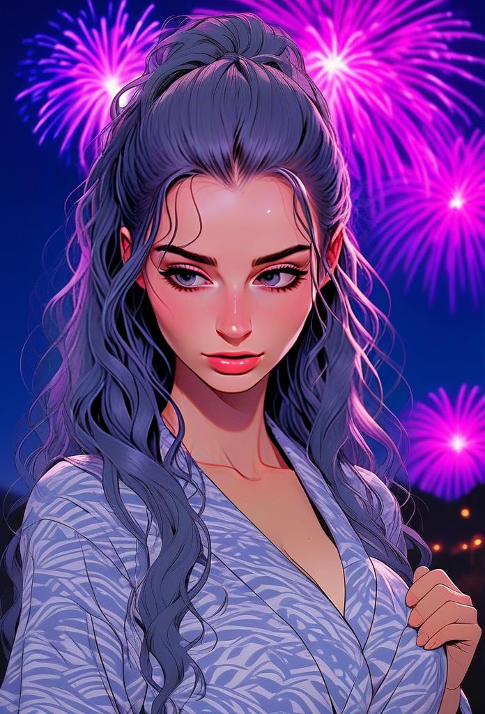 Young Woman with Purple Hair and Fireworks Young Woman with Purple Hair and Fireworks