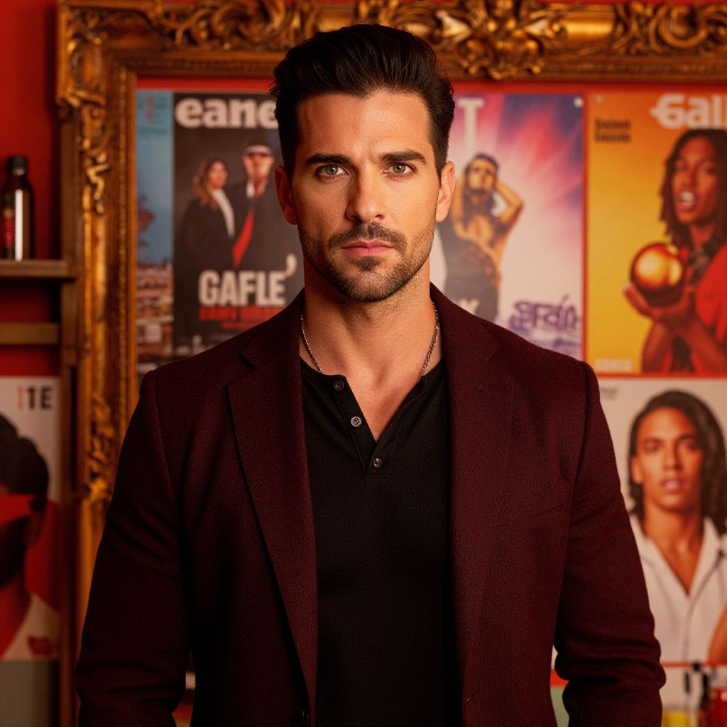 Confident Man in Maroon Blazer Against Magazine Cover Wall