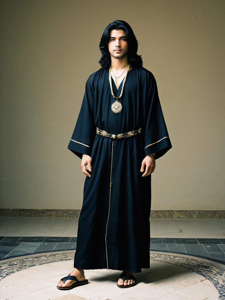 Man Wearing Open Black Abaya with Gold Jewelry Necklace