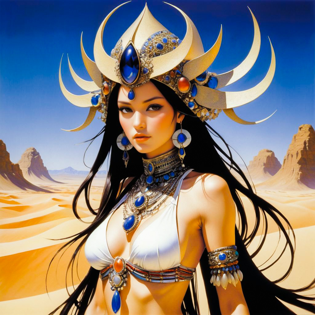 Woman in Jewelry and Headdress in Desert