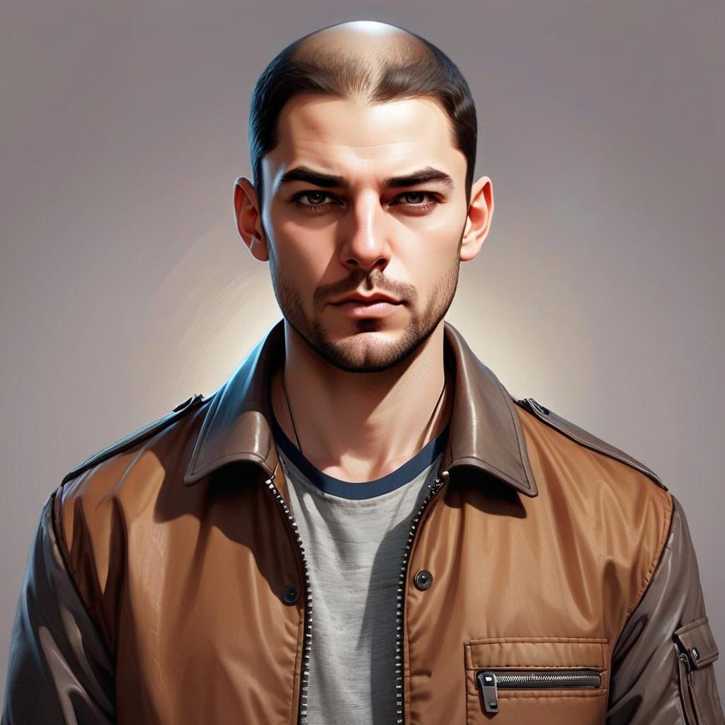 Portrait of a Man with Partially Bald Head Wearing Brown Leather Jacket - Digital Illustration
