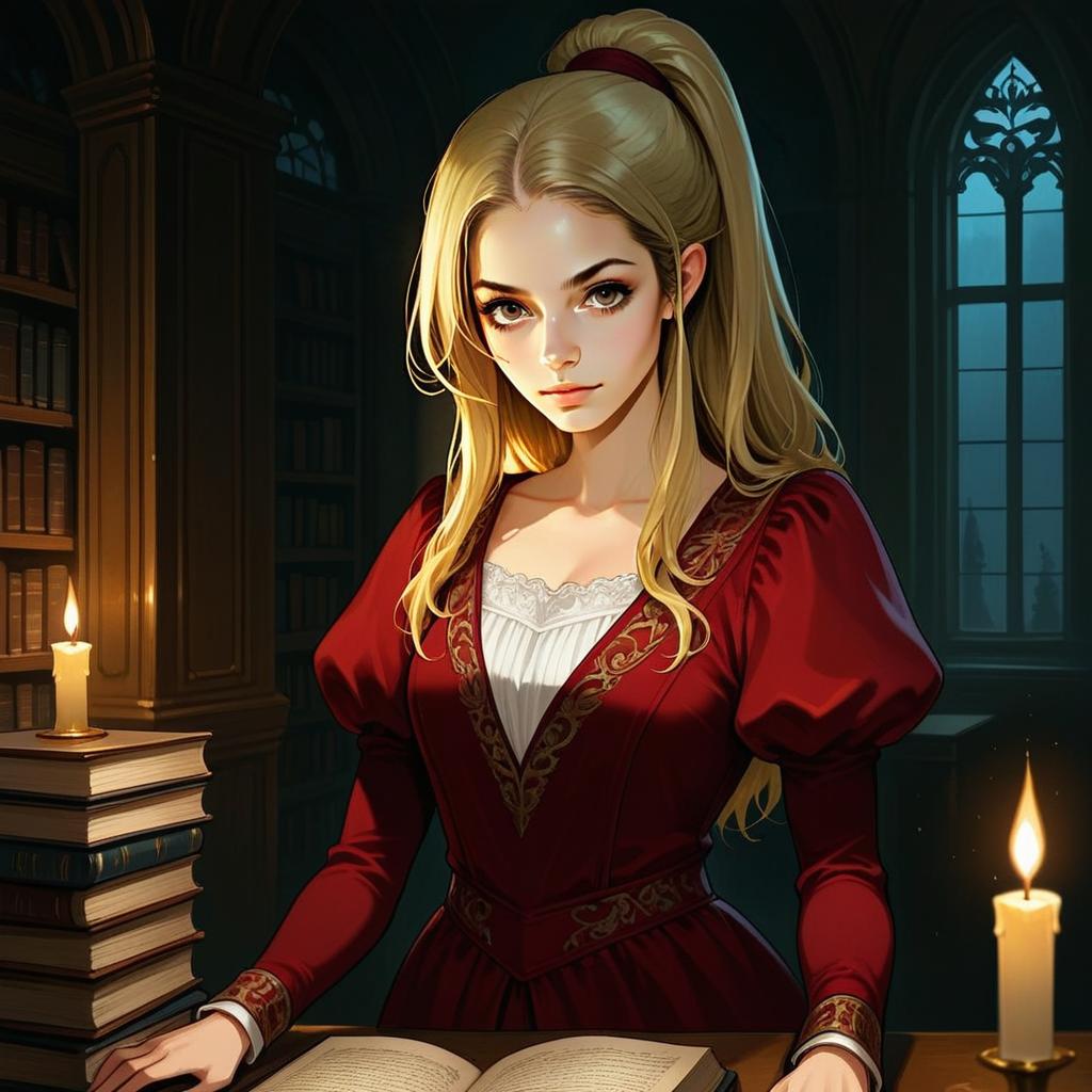 Medieval Woman in Red Dress Reading by Candlelight Illustration