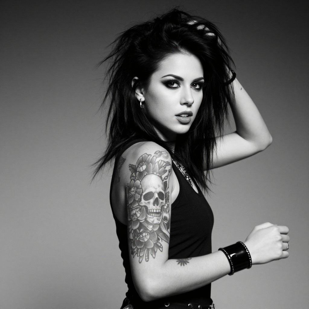 Edgy Woman with Skull Tattoo in Black and White Portrait