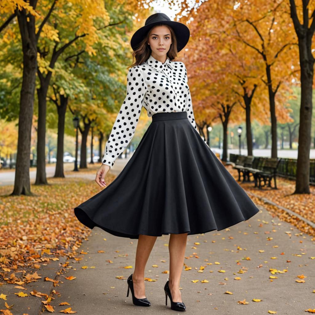 Retro Woman in Polka Dot Blouse and A-line Skirt in Autumn Park