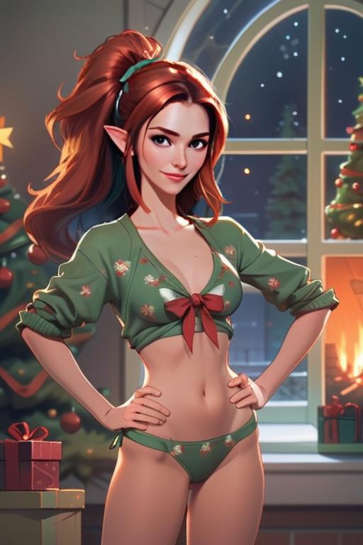 Red-Haired Elf Woman in Festive Green Attire by Fireplace Christmas Digital Art
