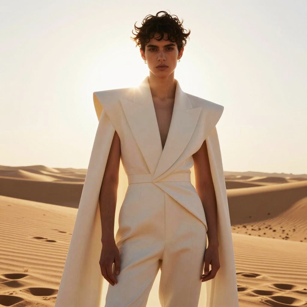 Avant-Garde Cream Suit Fashion in Desert Landscape