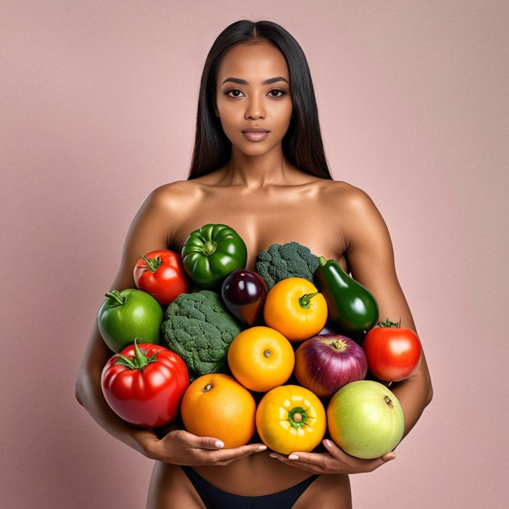 Confident Woman with Fresh Fruits and Vegetables