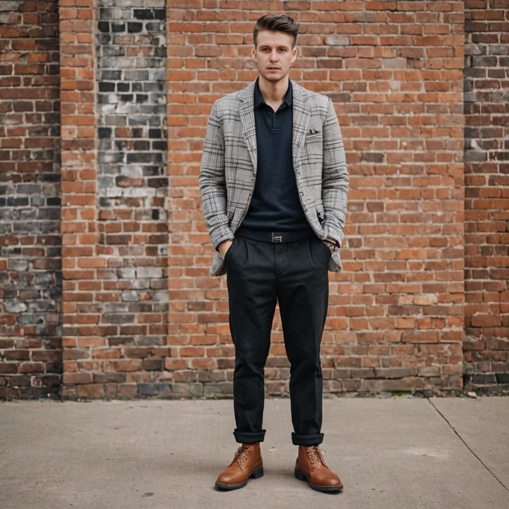 Stylish Man in Patterned Blazer and Navy Polo