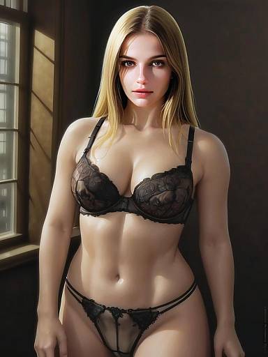 Blonde Woman in Black Lace Lingerie Digital Portrait