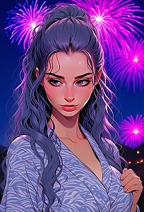 Young Woman with Purple Hair and Fireworks