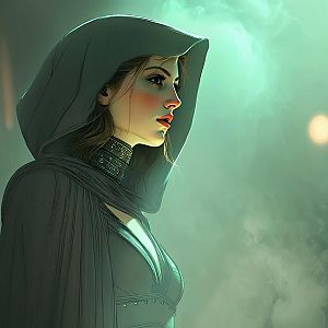 Mystical Woman in Hooded Cloak Digital Artwork with Green Mist