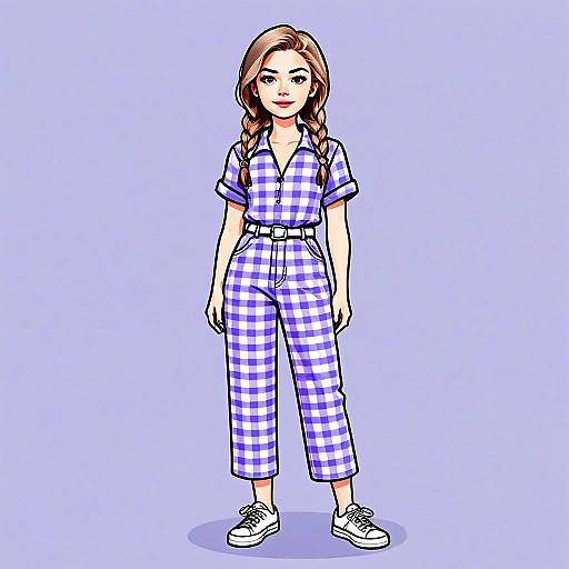 Stylish Woman in Purple Gingham Jumpsuit with Braided Hair Digital Illustration