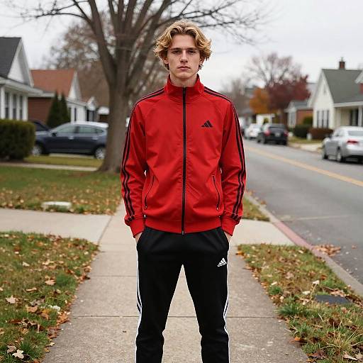 Young Man Wearing Adidas Track Suit Outdoors in Suburban Neighborhood