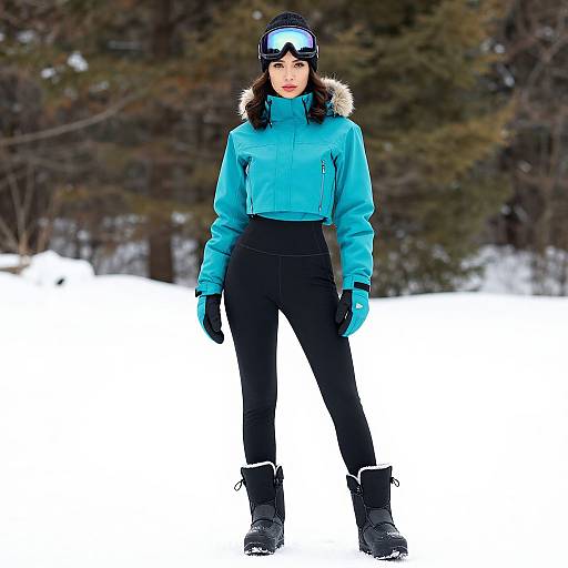 Woman Wearing Turquoise Winter Jacket and Ski Goggles in Snow