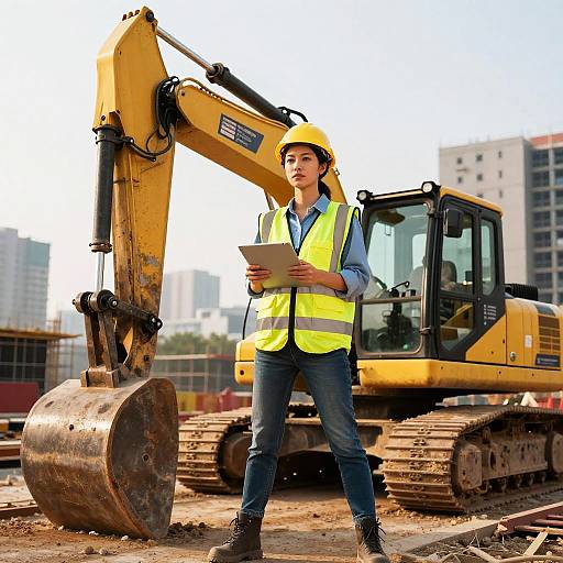 Young Woman Construction Engineer with Excavator at Building Site