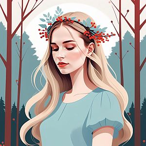Serene Woman in Blue Dress with Berry Crown in Forest
