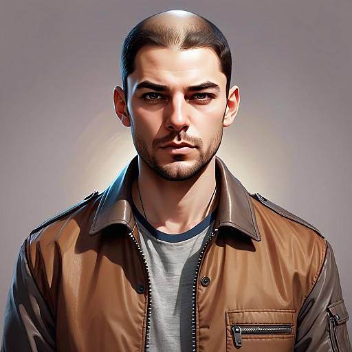 Portrait of a Man with Partially Bald Head Wearing Brown Leather Jacket - Digital Illustration