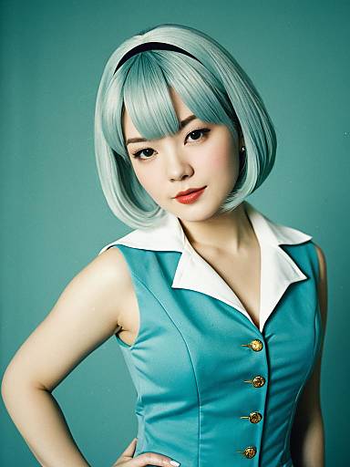 Sexy Woman Cosplaying Mari Ohara in Teal Dress and Aqua Wig