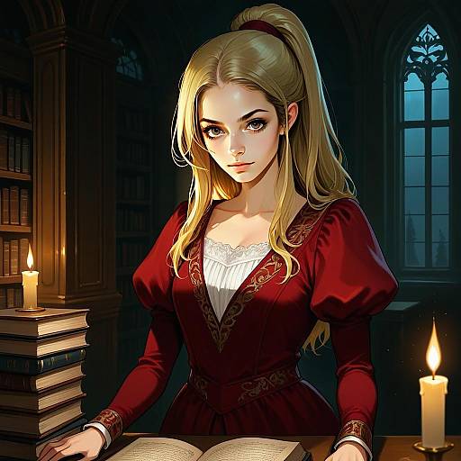 Medieval Woman in Red Dress Reading by Candlelight Illustration