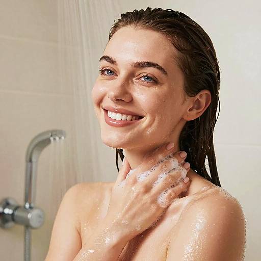 Smiling Woman Showering with Soap in Fresh Bath Moment