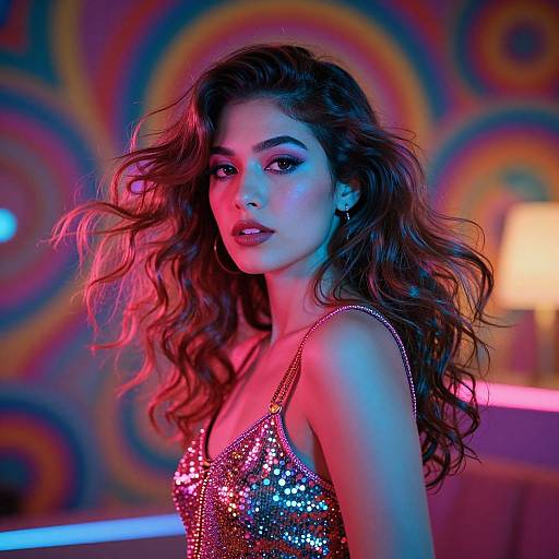 Glamorous Woman in Sequin Dress with Retro Disco Lighting and Psychedelic Background