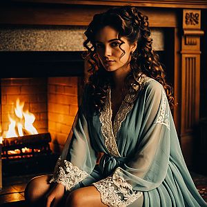Woman in Blue Robe by Fireplace