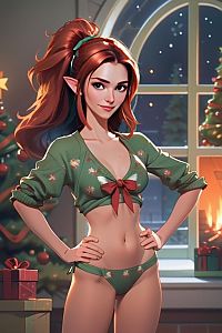 Red-Haired Elf Woman in Festive Green Attire by Fireplace Christmas Digital Art