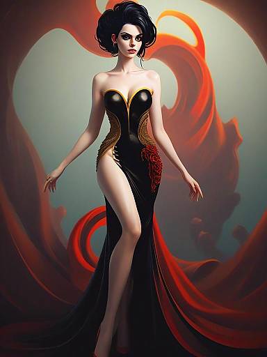 Elegant Woman in Black and Gold Gown with Fantasy Red Swirls