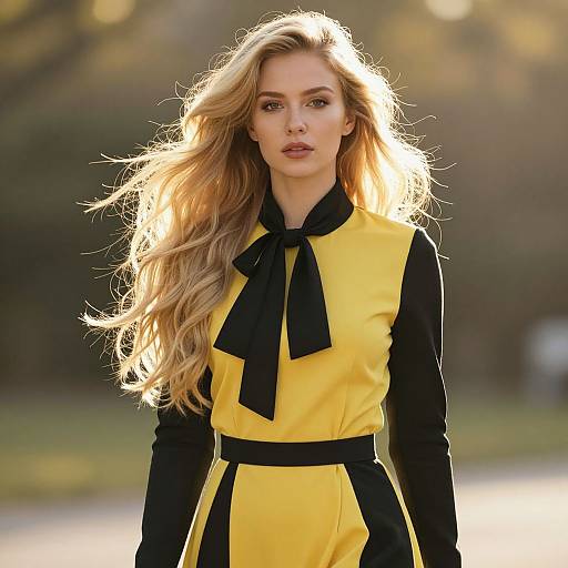 Stylish Woman in Yellow Black Dress with Flowing Blonde Hair Outdoors