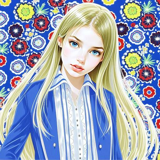 Ana Coppola Blue Jacket Anime Portrait with Floral Background