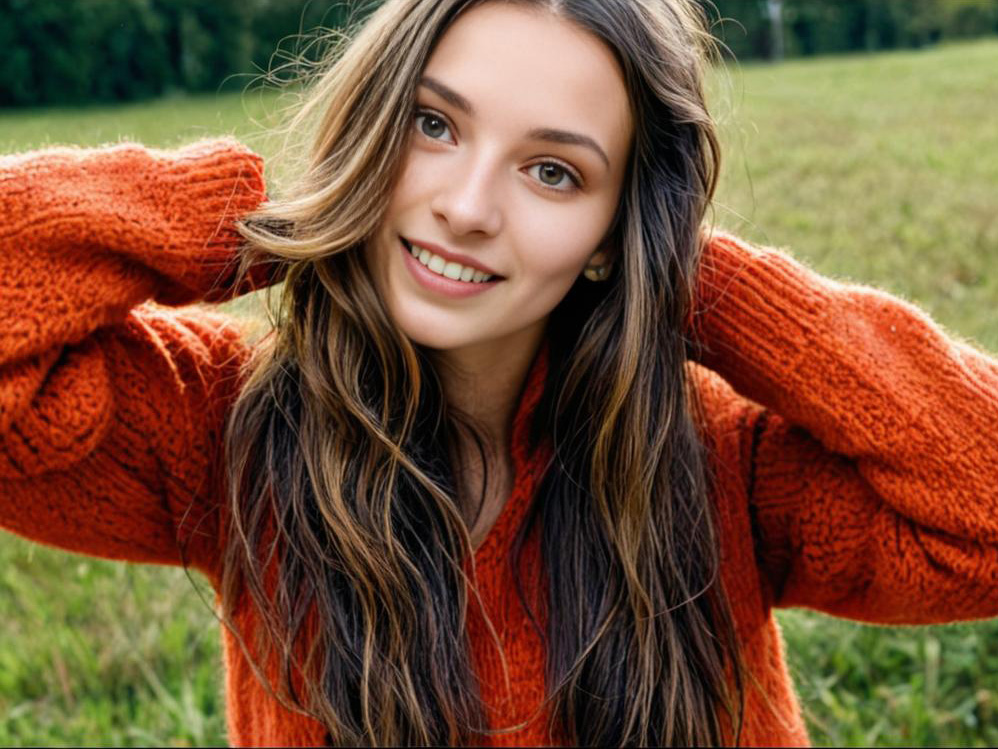 Woman in burnt orange sweater, holding hair, smiling