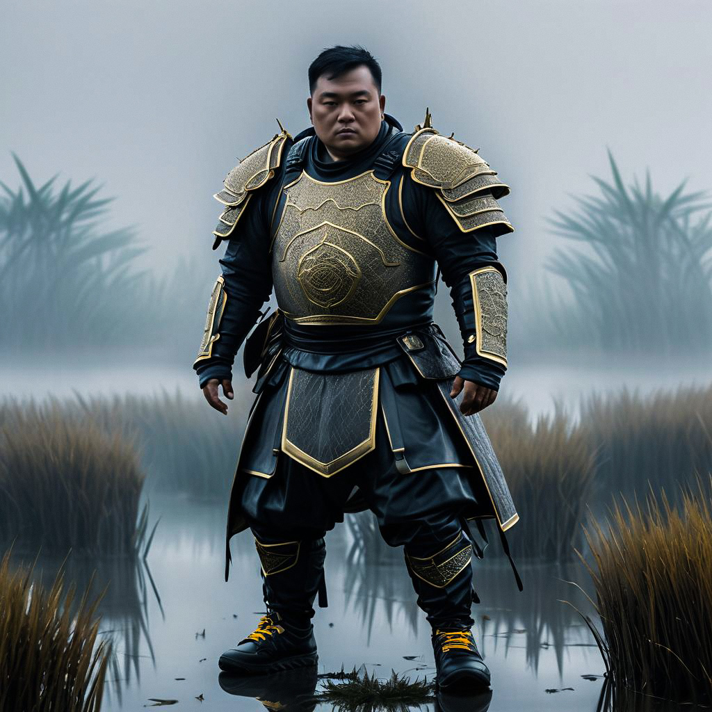 Confident Asian Man in Armor in Misty Marshland