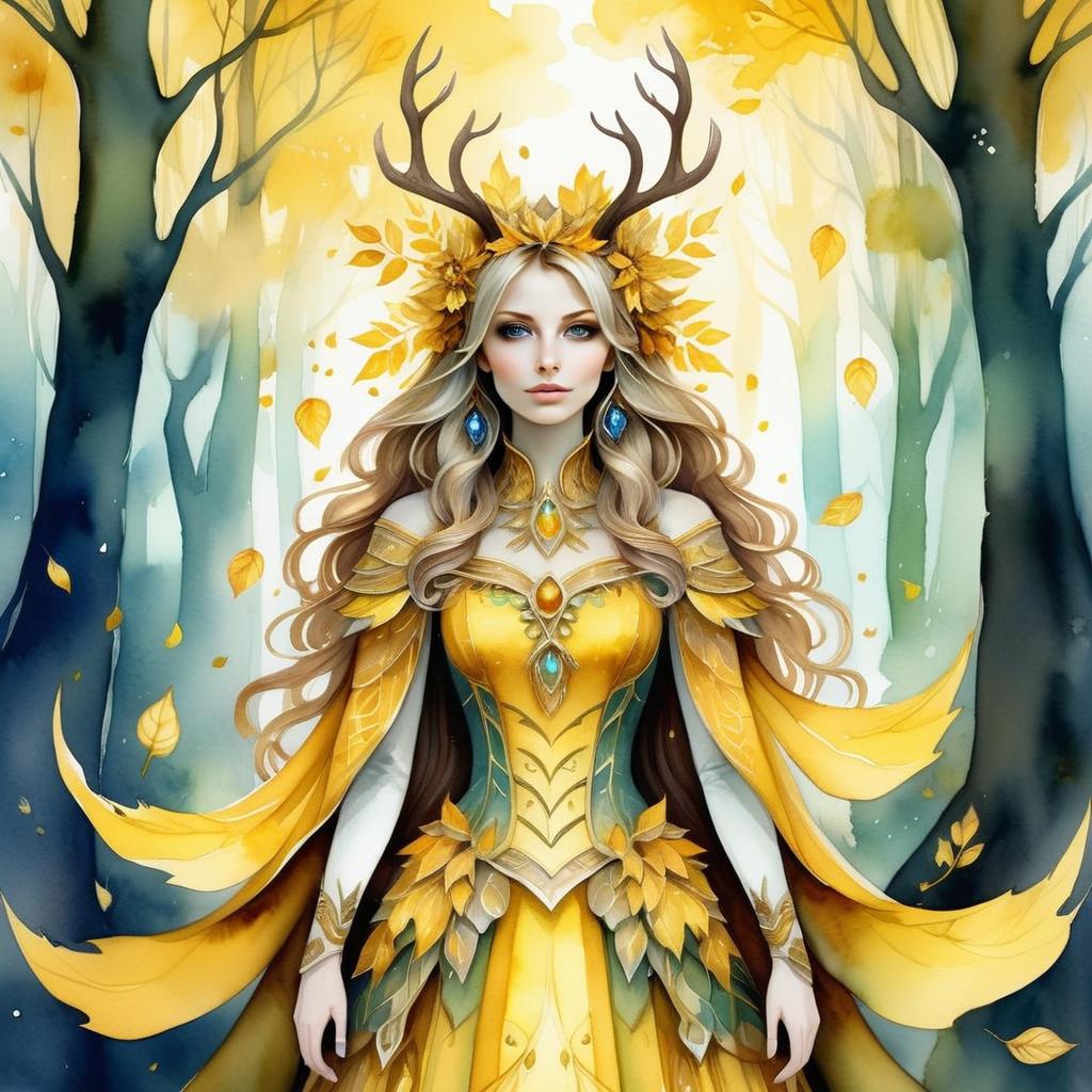 Fantasy Woman in Yellow and Gold Dress with Antlers in Misty Forest