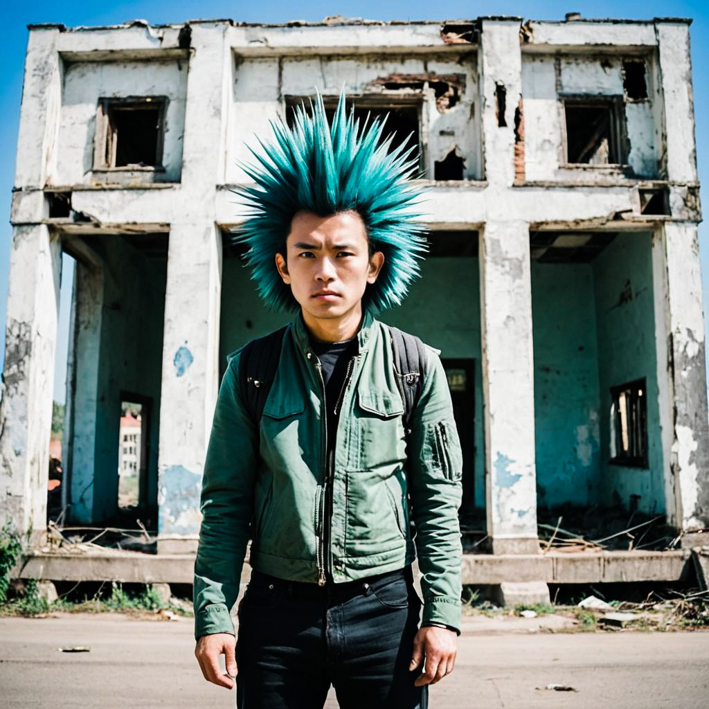 Man with Blue Spiked Hair in Abandoned Building