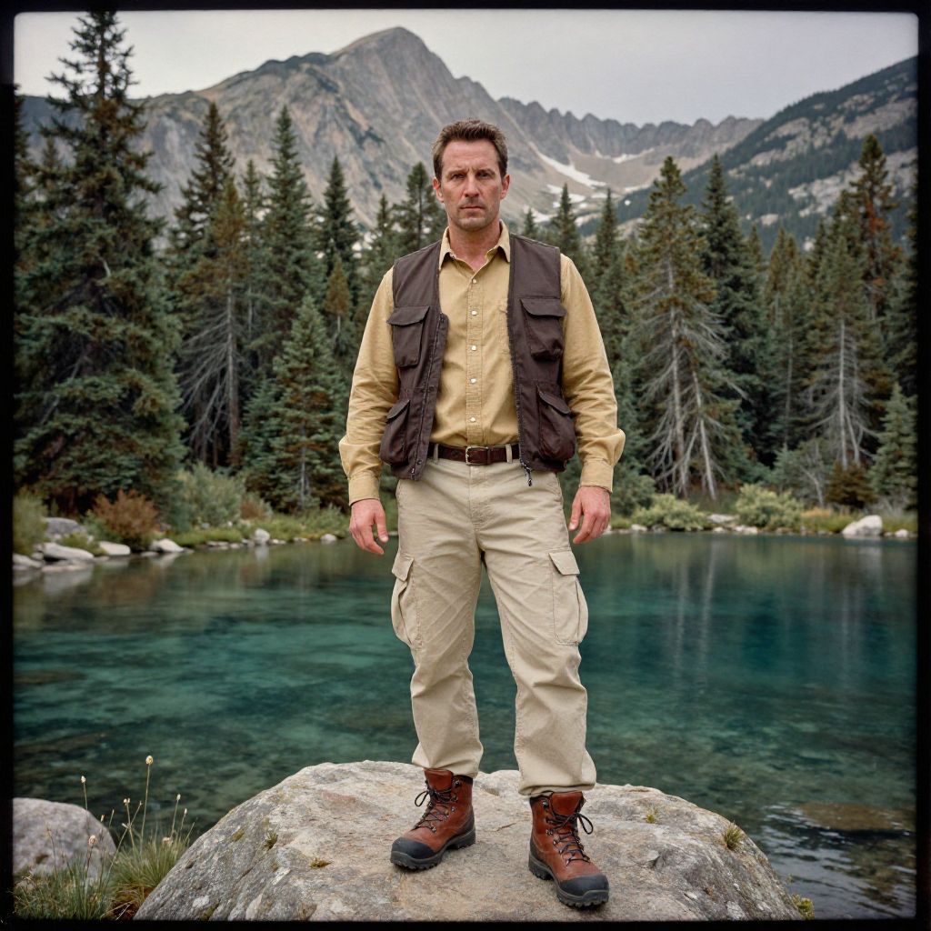 Outdoor Hiking Man Standing by Mountain Lake with Pine Trees