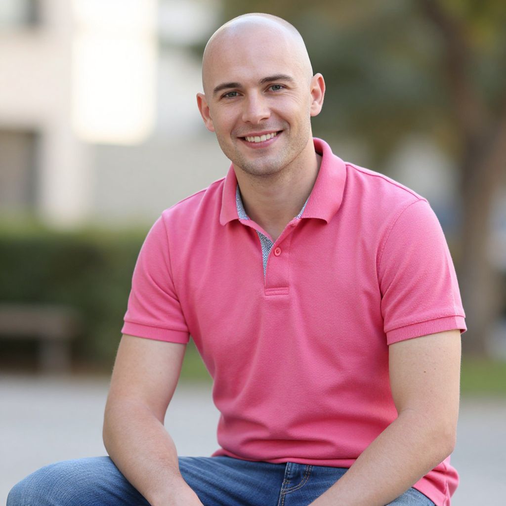 Smiling Bald Man in Pink Polo Shirt Outdoor Portrait