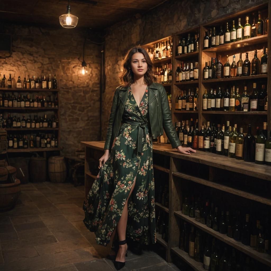 Elegant Woman in Floral Dress with Green Leather Jacket in Vintage Wine Cellar