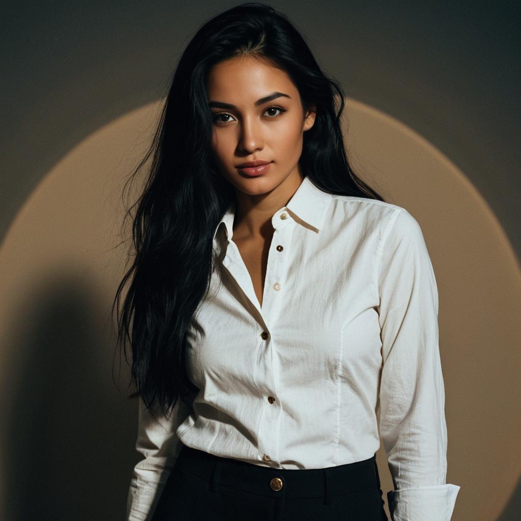Confident Young Woman in White Shirt with Long Black Hair Confident Young Woman in White Shirt with Long Black Hair