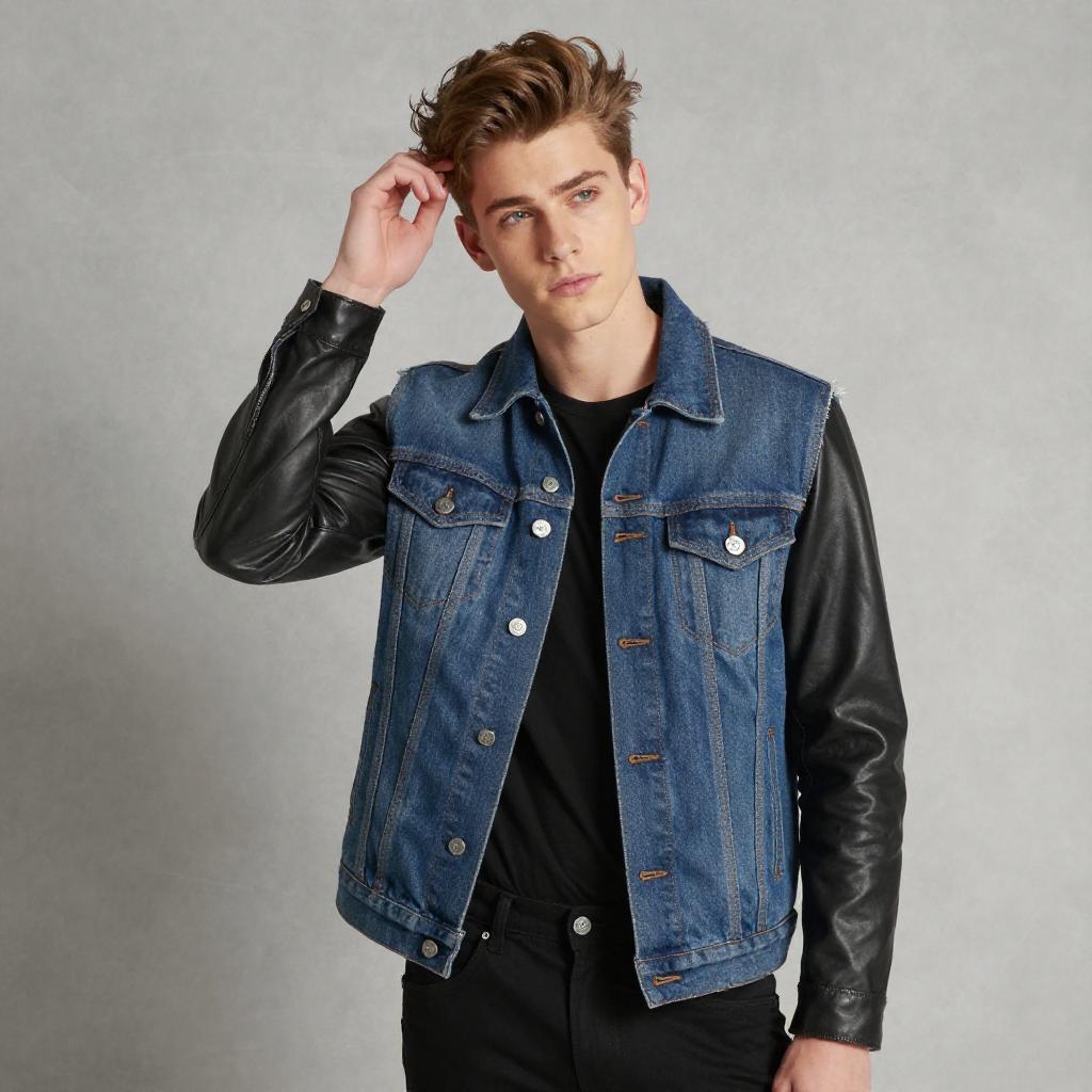 Young Man Wearing Denim Jacket with Leather Sleeves Stylish Gen Z Fashion