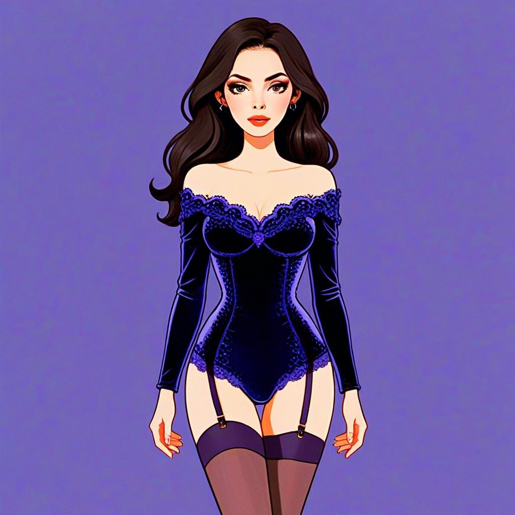 Elegant Woman Wearing Midnight Blue Velvet Bodysuit Illustration