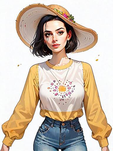 Realistic Anime Style Woman in Casual Outfit with Wide-Brimmed Flowered Hat