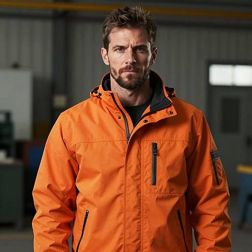 Man Wearing Bright Orange Outdoor Jacket in Industrial Setting