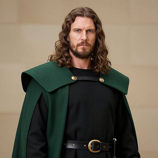 Medieval Style Man in Dark Green Cloak and Black Tunic