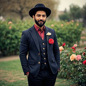 Confident Man in Dark Suit Among Roses