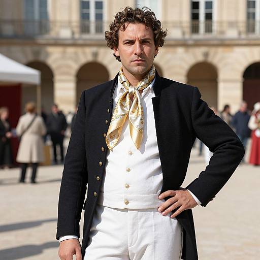 Man in Vintage Aristocratic Outfit with Golden Scarf in Historic Courtyard