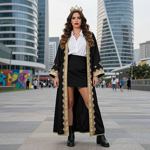 Elegant Woman Wearing Black and Gold Embroidered Abaya in Modern Cityscape