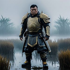 Confident Asian Man in Armor in Misty Marshland