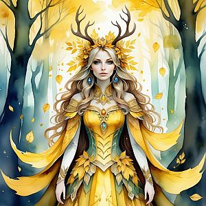 Fantasy Woman in Yellow and Gold Dress with Antlers in Misty Forest