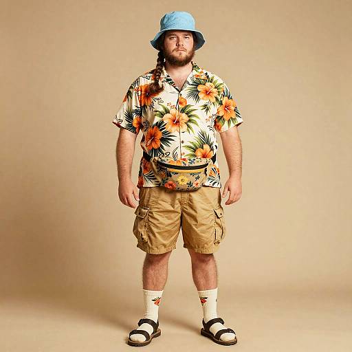 Gen Z Man Wearing Floral Hawaiian Shirt and Bucket Hat Casual Summer Outfit