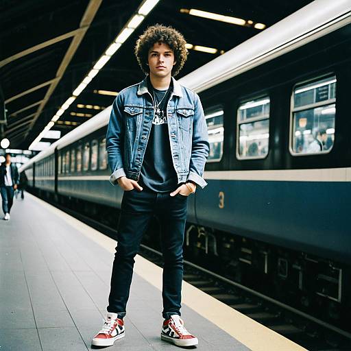 Young Man Standing on Train Platform Wearing Denim Jacket and Sneakers